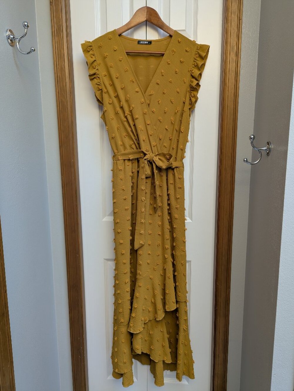 BTFBM Swiss Dot Faux Wrap Maxi Dress Gold Boho Ruffle Size XL